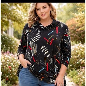 Pure Essence 1X Abstract Print Cowl Neck Top Made‎ in Canada 90s Artsy NWT's